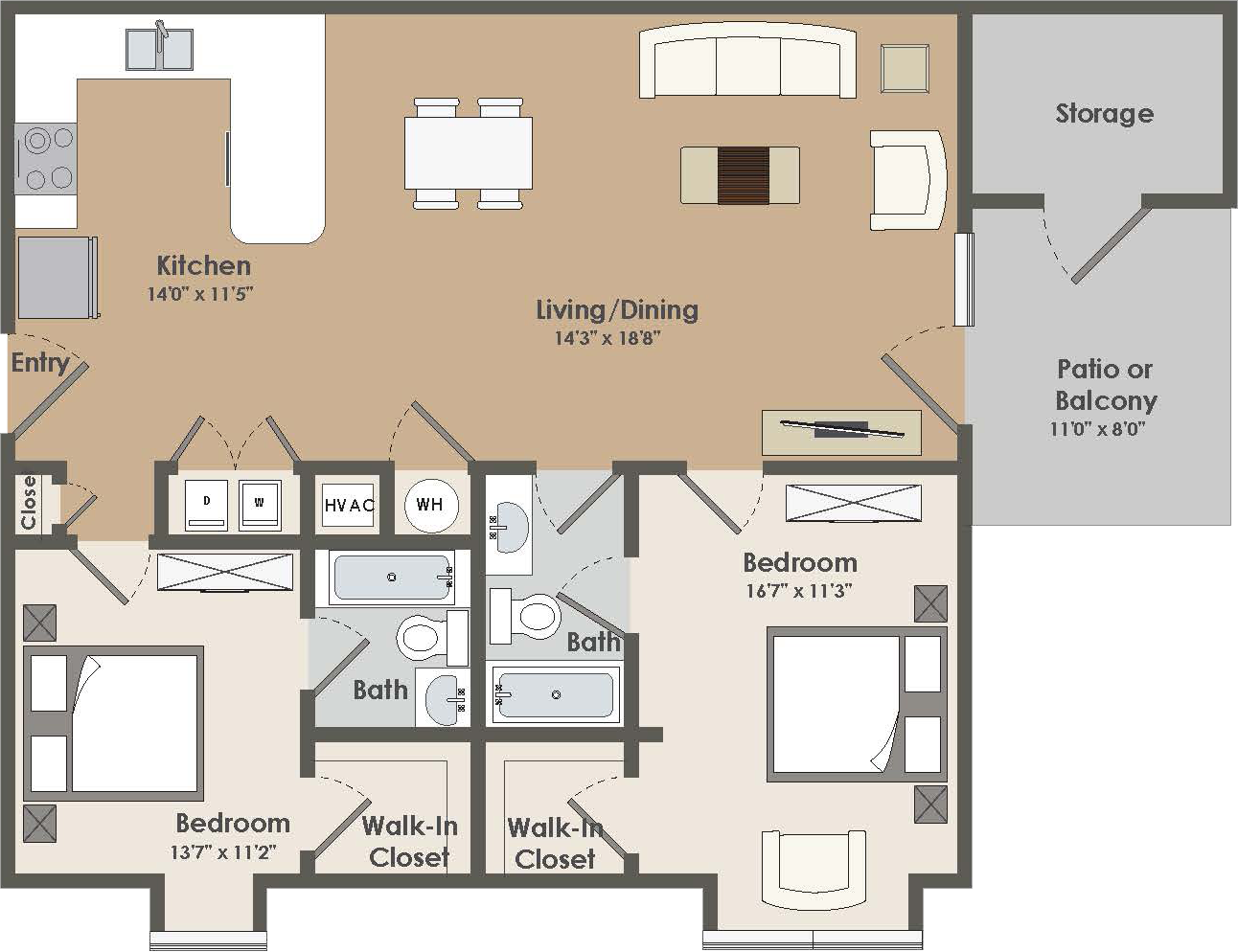 Floor plan for 2 beds, 2 baths, 1100 sqft